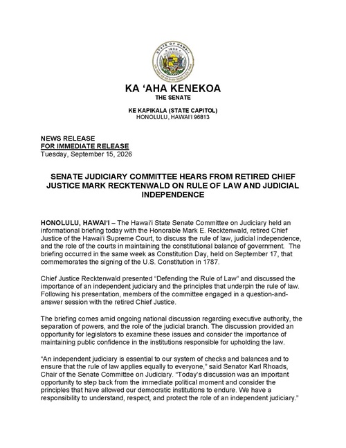 Image of page 1 of news release titled 'SENATE JUDICIARY COMMITTEE HEARS FROM RETIRED CHIEF JUSTICE MARK RECKTENWALD ON RULE OF LAW AND JUDICIAL INDEPENDENCE'